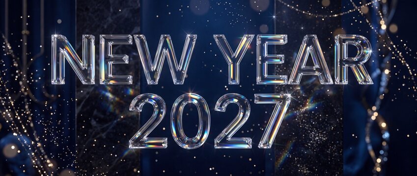 Glass typography spelling New Year 2027 against dark blue background with sparkling golden lights