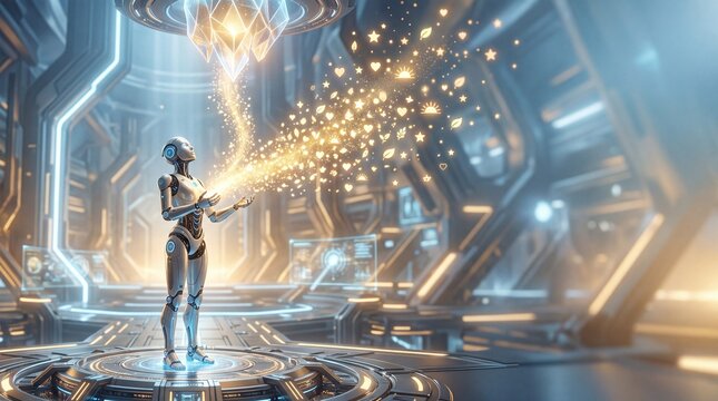 Humanoid robot interacting with glowing magical holographic data symbols inside futuristic sci-fi laboratory interior