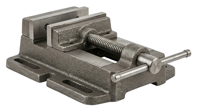 Heavy-duty metal bench vise with rotating handle on black background