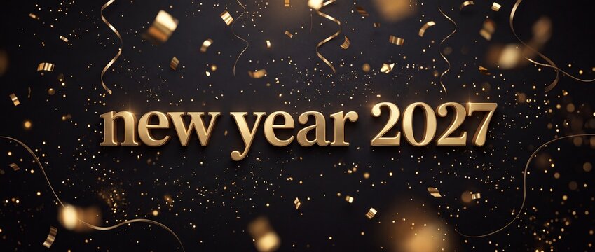 New year 2027 gold typography celebration text banner with falling confetti and glowing sparkles