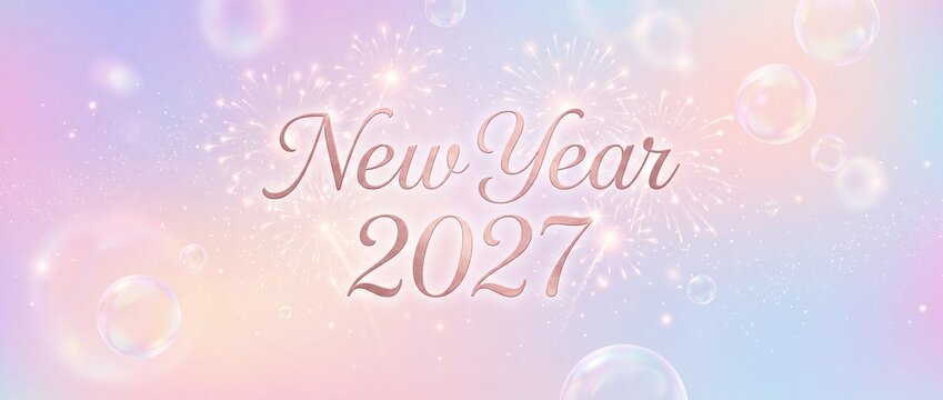 New Year 2027 celebration greeting card featuring shiny fireworks and pastel bubbles background design