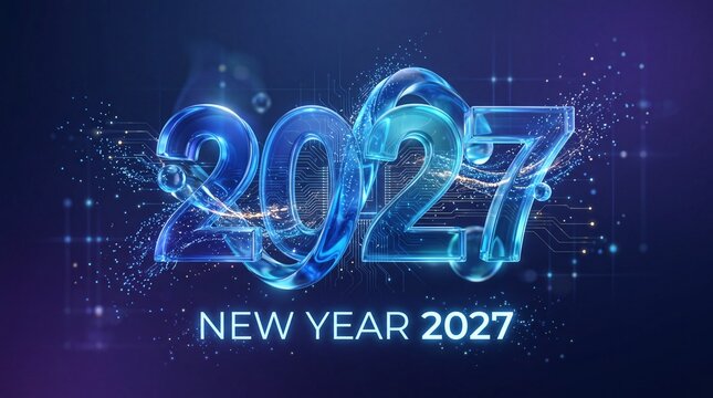 Futuristic glass numbers twenty twenty seven glowing with neon digital circuits and sparkling particles