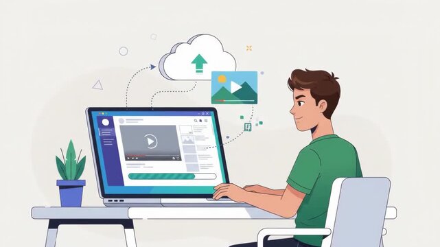 Happy male content creator uploading video to cloud platform animation