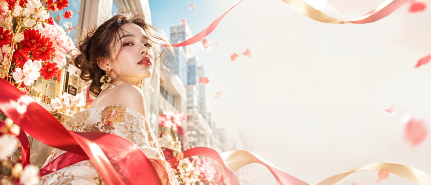 赤と金のリボンと春の花に囲まれた華やかな女性のファッション広告