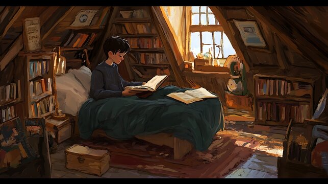 Boy reading book sitting on bed inside cozy attic bedroom with wooden bookshelves and warm afternoon sunlight streaming