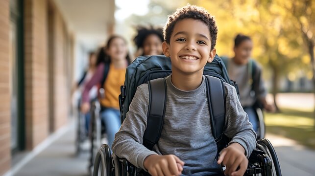 Disabled schoolboy in wheelchair smiling brightly with backpack outdoors while attending modern elementary school campus daily