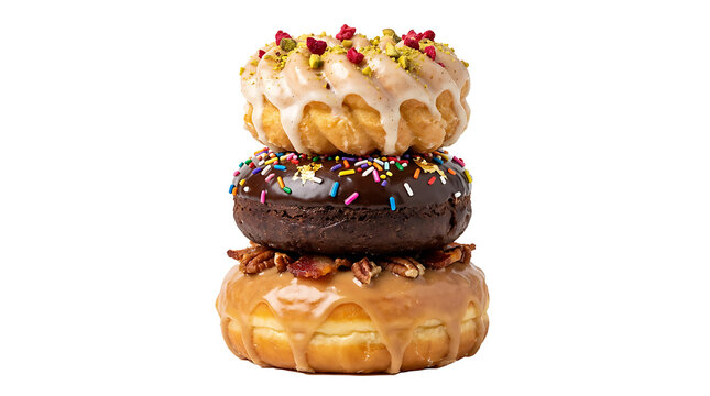 Stack of three gourmet donuts with various toppings isolated on transparent background