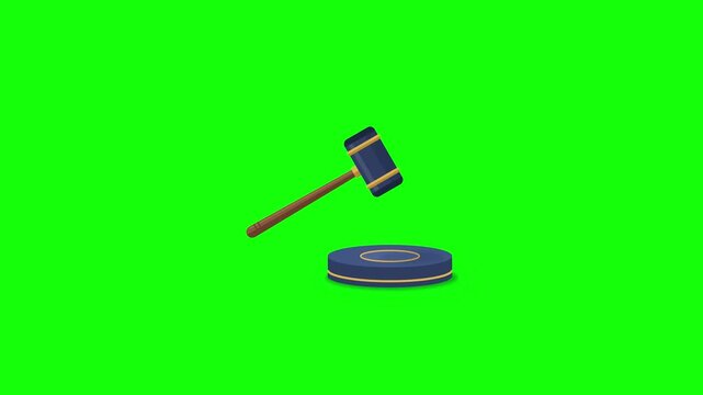 Flat design animation of a judge&rsquo;s gavel striking a wooden sound block, symbolizing justice, legal decisions, courtroom authority, and judicial verdicts. 