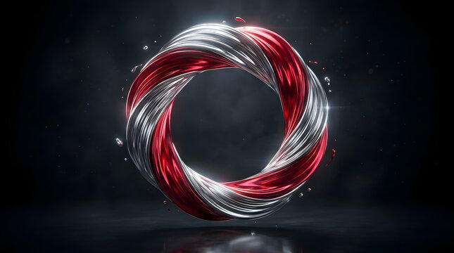 Twisted ring made of intertwining red and silver metallic liquid ribbons floating in dark space with glowing particles.
