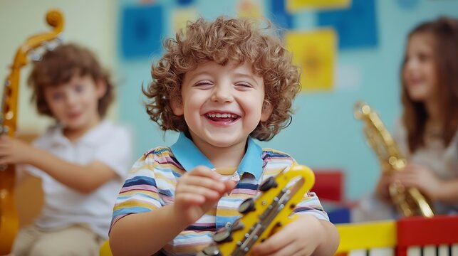 Curly boy smiling brightly while playing colorful toy trumpet in classroom with friends during music class