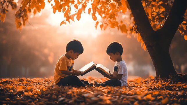 Two young children sitting under a glowing autumn tree reading books together during golden hour sunlight outdoors