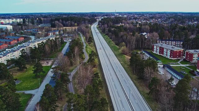 Aerial over highway in Karlstorp neighborhood, Trollhattan, Sweden