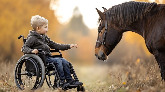Disabled child in wheelchair interacting gently with a brown horse outdoors during sunny autumn afternoon daylight