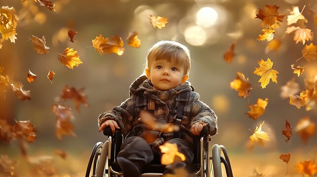 Disabled little boy sitting in a modern wheelchair outdoors surrounded by falling golden autumn leaves during warm sunny daytime