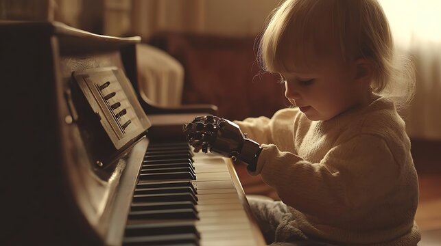 Bionic toddler playing piano with robotic arm prosthesis in cozy warm light indoor home setting