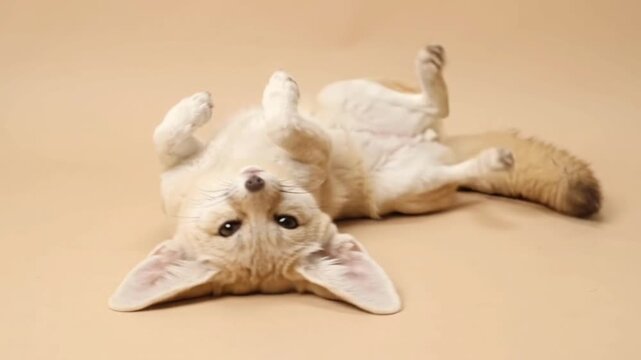 Cute Fennec Fox Rolling Over On Studio Background