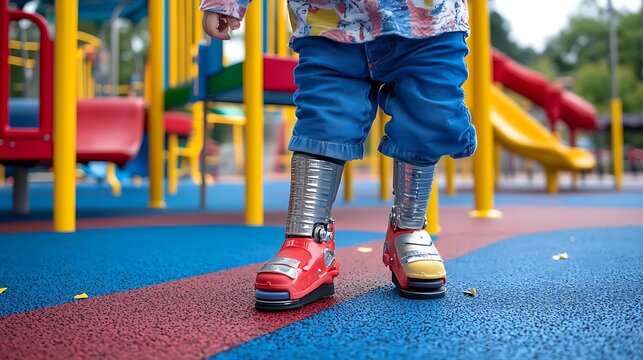 Toddler with lower limb metal braces standing proudly on colorful outdoor playground rubber flooring surface during daytime