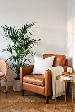 Leather armchair with palm plant beside gold side table