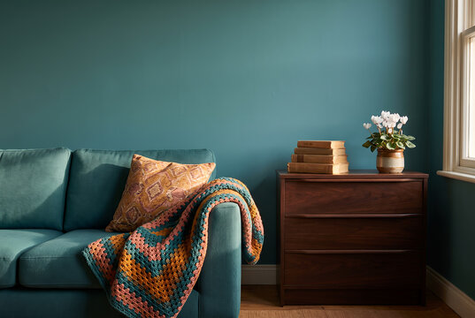 Living room with teal sofa, crochet throw and walnut chest