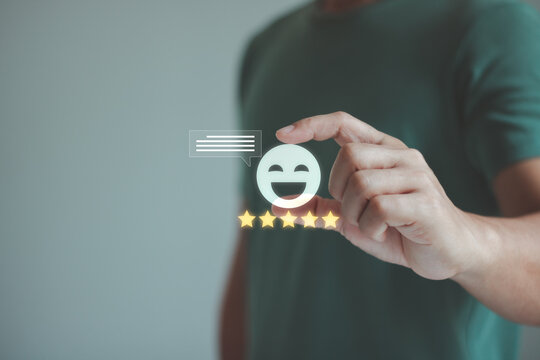Customer satisfaction and service feedback concept with a smiling rating icon and five gold stars, representing positive reviews, client experience, survey results, and service quality.