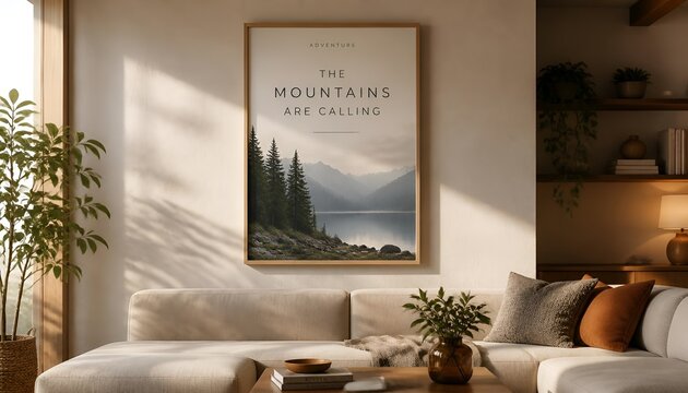 Photorealistic Wooden Poster Frame Mockup in a Warm Modern Living Room with Natural Wood Grain, Neutral Wall, Comfortable Sofa, Indoor Plants and Soft Ambient Lighting