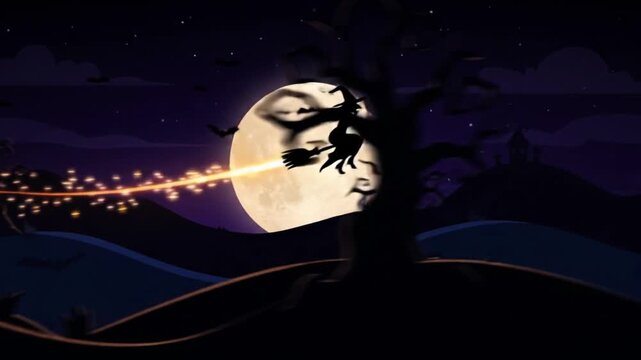 Animated jack o lantern with a flying witch against a full moon in a dark night landscape with falling leaves and bats in the sky with scary