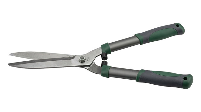 Garden hedge shears with green and gray handles for pruning and trimming
