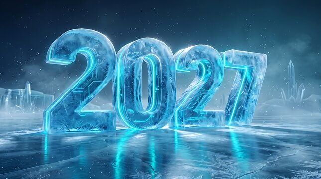 New Year 2027 celebration with glowing ice numerals on a frozen