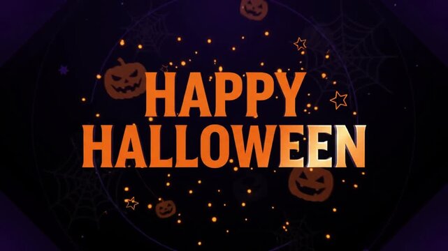Happy halloween greeting animation with flying bats and glowing orange text on a dark purple background with spider webs with video digital