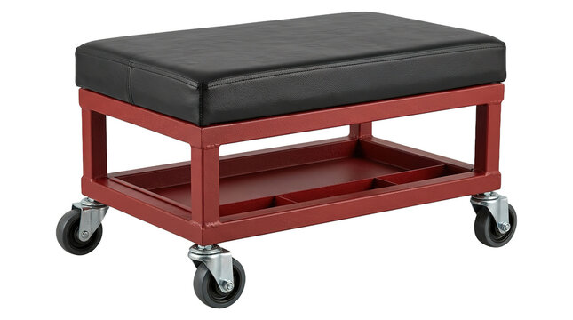 Red mechanics creeper seat with black cushion and caster wheels