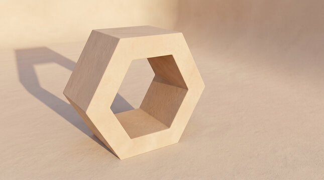 Extreme wide angle matte hexagonal prism with hexagon hollow casting long warm shadow on pale sand floor, empty mockup scene