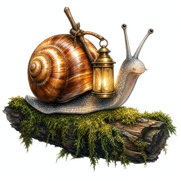 Garden Snail With Glowing Lantern Gliding Along Mossy Log