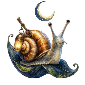 Fairytale Snail With Aglow Lantern on Leaf Under Crescent Moon