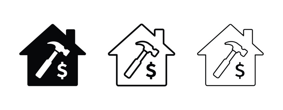 Three variations of a home repair cost icon, featuring a house outline containing a hammer and a dollar sign