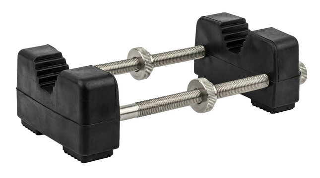 Black adjustable bench vise with metal threaded rods for clamping