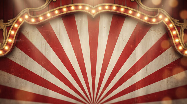 Vintage circus stage background with red and white sunburst stripes and glowing marquee lights on a golden arch. Festive carnival atmosphere. Concept of entertainment, performance, and magic.
