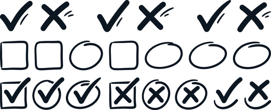 Check tick mark icon set, hand drawn cross box x check mark checkbox v, sketch marker checklist symbol right and wrong set, brush marke