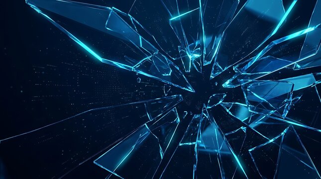 Abstract Shattered Glass Background with Sharp Blue Shards and Glowing Light Effects for Modern Technology Presentations