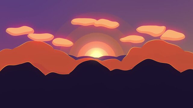 pixel art sunset landscape animation loop with mountains and clouds