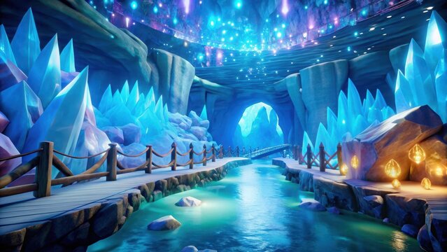 An enchanting magical ice cave in cartoon fortnite style with crystal bridge gems and runes