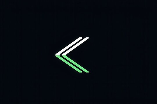Minimalist double chevron arrow icon glowing with soft green light on dark background. Digital navigation symbol for web design and user interface graphics.