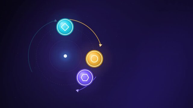 Three tokens orbiting and swapping places, crypto swap concept