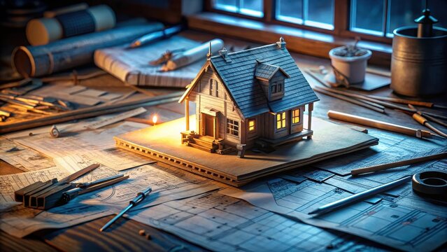 A worn vintage blueprint sprawled across a cluttered workbench topped by a diminutive intricately detailed miniature home