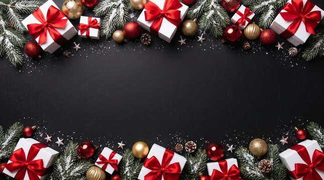 Christmas gift boxes and festive ornaments border on a dark black background frame