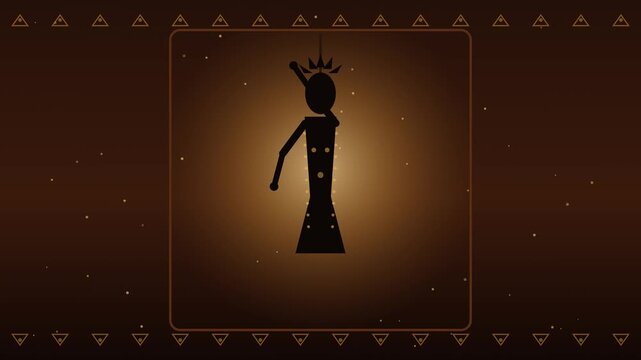 Wayang kulit shadow puppet silhouette dancing on glowing amber screen, traditional Indonesian leather puppet art animation, seamless loop