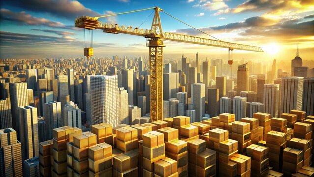 A majestic construction crane rises above a sprawling metropolis gently placing golden blocks into perfect architectural symmetry
