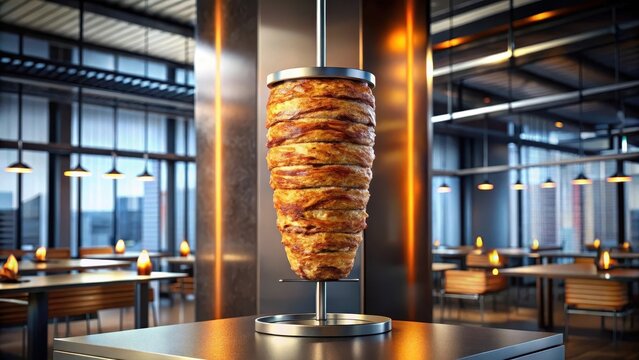 A slender minimalist rotateran doner kebab spins atop a sleek vertical spit in the dimly lit food court