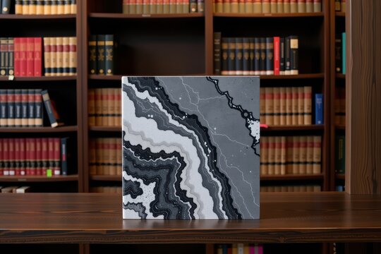 Abstract black and white art piece displayed on a wooden desk with bookshelves behind