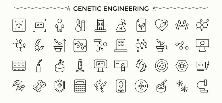 Genetic Engineering icon set. Biotech icon set. Related to science, chemistry, genetic, analysis, gene, engineering and more. Editable stroke.