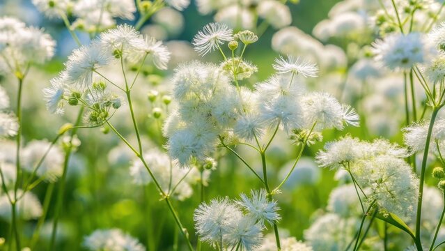 A carpet of meadow rue flowers sways gently in the breeze their white fluffy blooms unfolding like delicate snowflakes